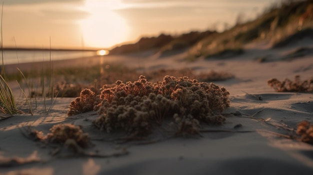 Abstract background with closeup dry plant and different grass growing on sandy beach in sunset light Summer wallpaper with sea landscape Horizontal illustration for banner design Generative AI