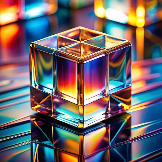 Abstract background with closeup shot of glossy crystal block with multicolored gradient reflection on blurred mirror surface