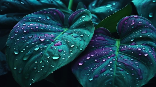 Abstract background with closeup view on green and purple leaves of monstera in drops Summer wallpaper with dew on tropical jungle foliage Horizontal illustration for banner design Generative AI