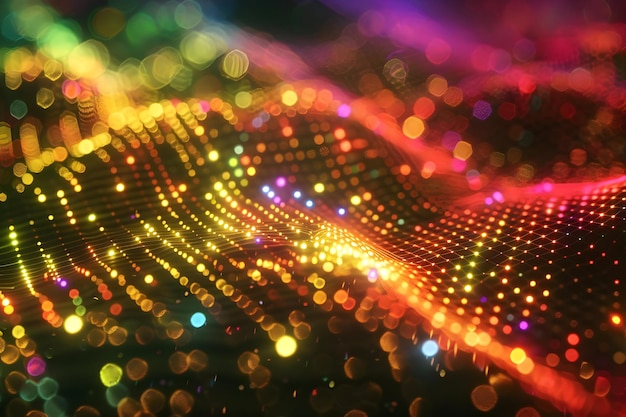 Abstract Background with Colorful Bokeh Lights and Grid Pattern