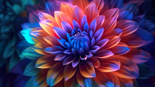 Abstract background with colorful dahlia flower in blue and orange neon colors Blooming blossom in close up view Floral modern wallpaper Horizontal illustration for banner design Generative AI