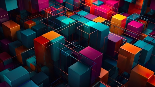 Abstract background with colorful geometric print of 3d cubes and lines in top view perspective Geometry wallpaper with dynamic effect Horizontal illustration for banner design Generative AI