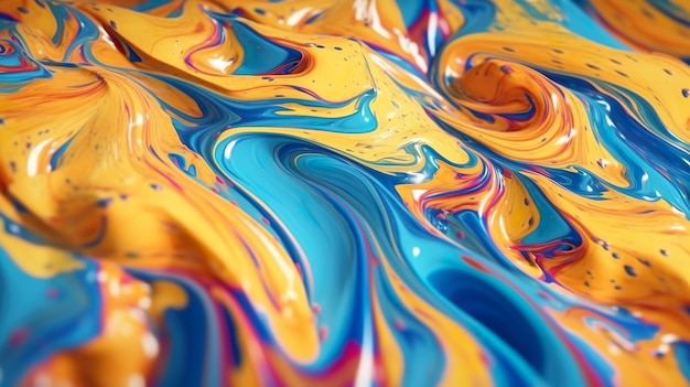 Abstract background with colorful liquid acrylic paints flowing in blue and yellow colors in close up Bright fluid paints macro wallpaper Horizontal illustration for banner design Generative AI