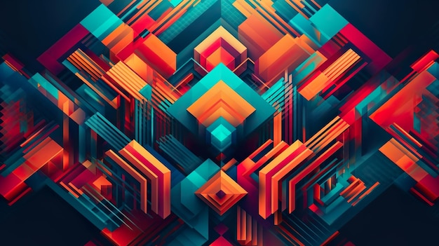 Abstract background with colorful symmetric geometric print Vibrating geometry wallpaper with composition of repeat rectangles and lines Horizontal illustration for banner design Generative AI