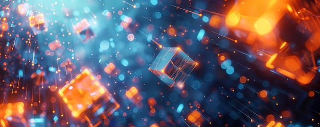 Abstract background with cubes and glowing elements blue red and orange colors