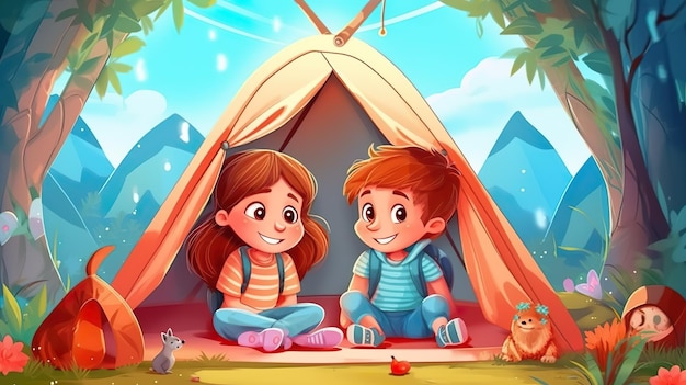 Abstract background with cute girl and boy with backpacks sitting at tent in sunny forest Children summer camping and tourism wallpaper Horizontal illustration for banner design Generative AI