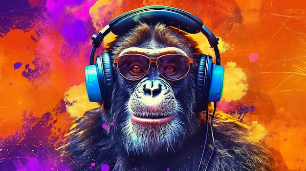 Abstract background with cute monkey ape in headphones and sunglasses at bright paints splashes backdrop Animal portrait modern wallpaper Horizontal illustration for banner design Generative AI