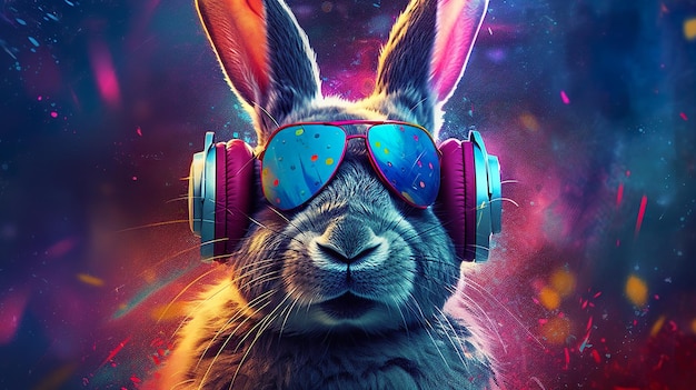 Abstract background with cute rabbit in headphones and sunglasses at bright splashes backdrop Animal portrait listens music modern wallpaper Horizontal illustration for banner design Generative AI