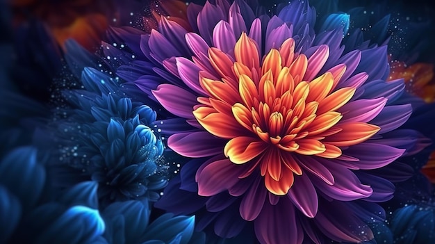 Abstract background with dahlia flower with leaves in orange purple and blue neon colors Blossom in close up view floral modern wallpaper Horizontal illustration for banner design Generative AI