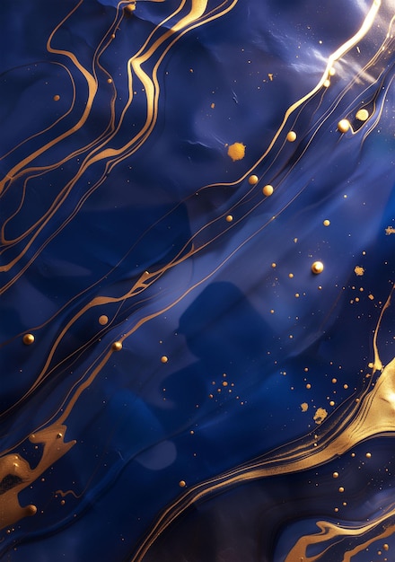 Abstract background with deep blue marble with splashes of golden ink and agatelike waves