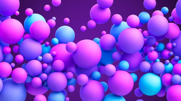 Abstract background with dreamy blue pink purple vibrant neon gradient random flying spheres