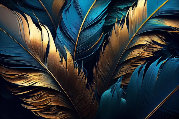 Abstract background with feather pattern gradients and texture digital painting in blue green and gold colours Generative AI