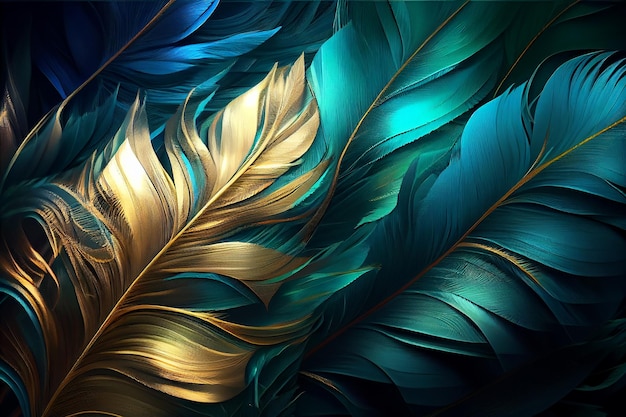 Abstract background with feather pattern gradients and texture digital painting in blue green and gold colours Generative AI