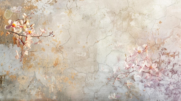 Abstract background with floral patterns cracked plaster and warm lights in pastel tones