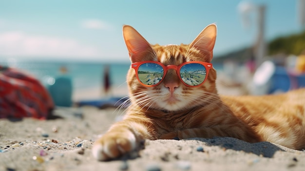 Abstract background with funny cat in sunglasses at sand beach Orange kitty in goggles relaxing at sea Summer vacation modern wallpaper Horizontal illustration for banner design Generative AI