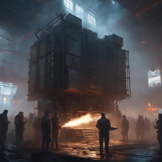 abstract background with futuristic cityindustrial factory with smoke and fog