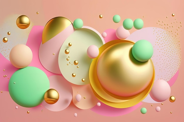 Abstract background with geometric shapes pink green and gold colors 3D