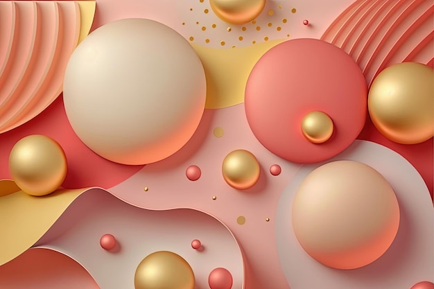 Abstract background with geometric shapes pink red and gold colors 3D