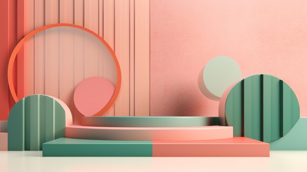 Abstract background with geometric shapes and a podium of pastel peach green tones for Product Presentation Cosmetics Packaging Advertising A Horizontal Banner