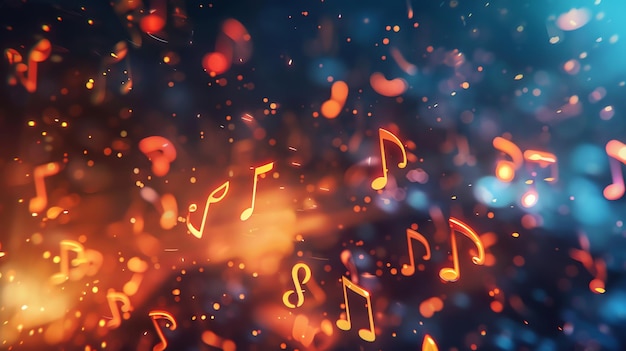 Abstract background with glowing music notes and bokeh lights