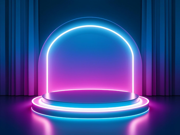 Photo abstract background with a glowing neon display podium