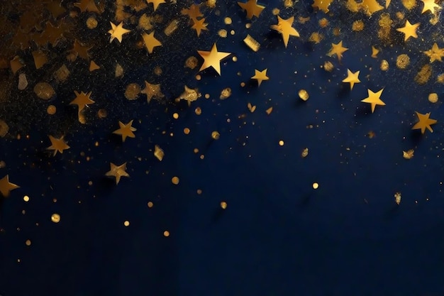 Abstract background with gold stars particles and sparkling on navy blue Gold foil texture