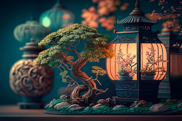 Abstract background with Japanese bonsai Generative AI