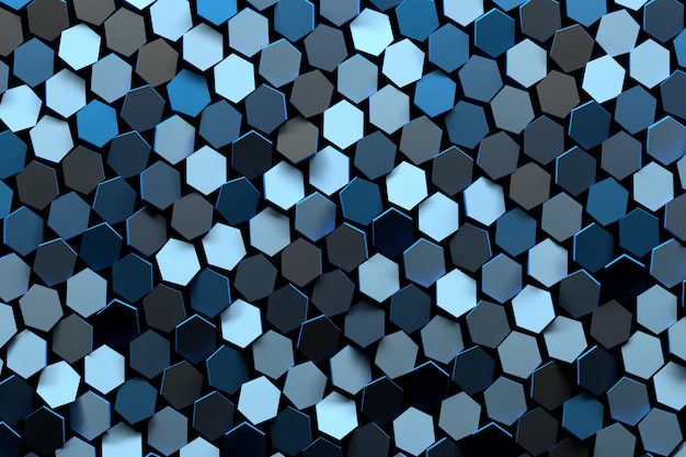 Abstract background with many random colored light and dark blue hexagons. 