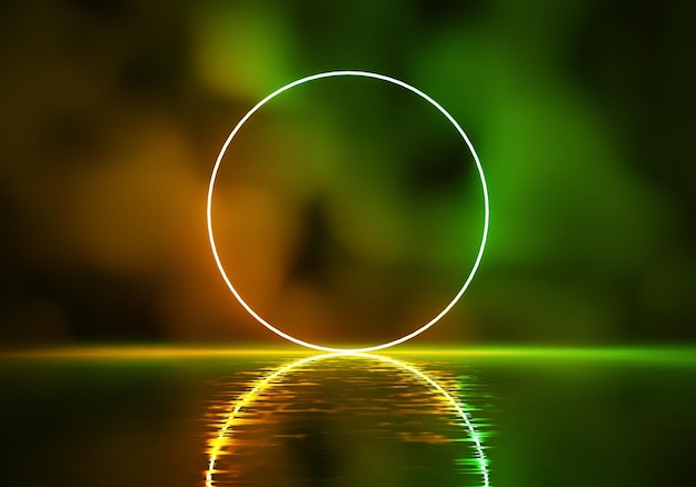 Abstract background with neon light circle reflecting in the water 3D rendering Illustration