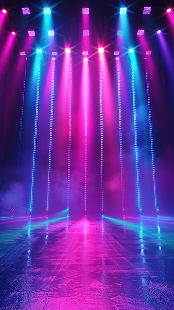 Abstract background with neon lights of various colors on stage