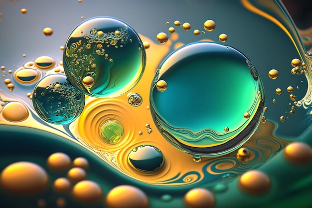 Abstract background with oil drops on water yellow with green Generative AI