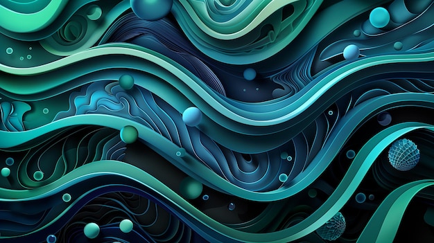 Abstract background with paper cut waves and bubbles a turquoise blue and green color