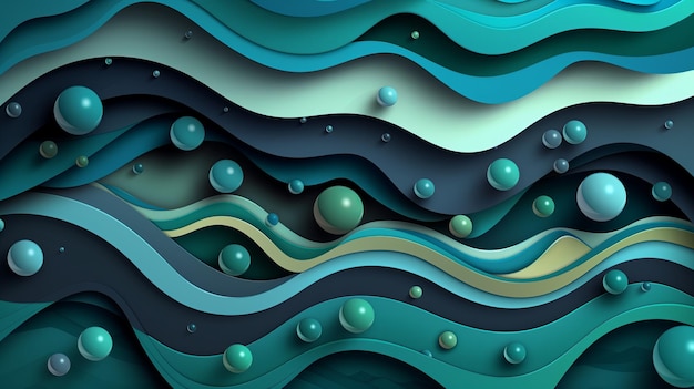 Abstract background with paper cut waves and bubbles a turquoise blue and green color