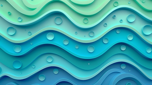 Abstract background with paper cut waves and bubbles with a turquoise blue and green color scheme 3D rendered in a highly detailed style