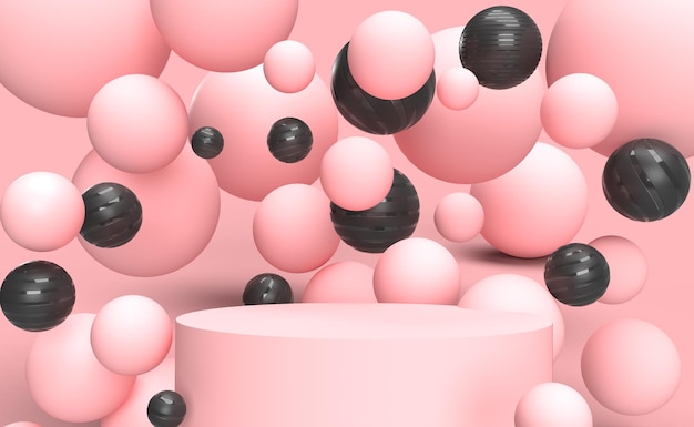 Abstract background with pink and black spheres with pink podium Modern product design 3d render