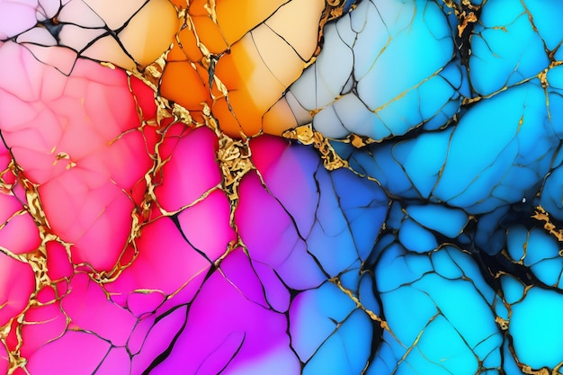 Photo abstract background with pink orange blue and gold colors in a cracked pattern