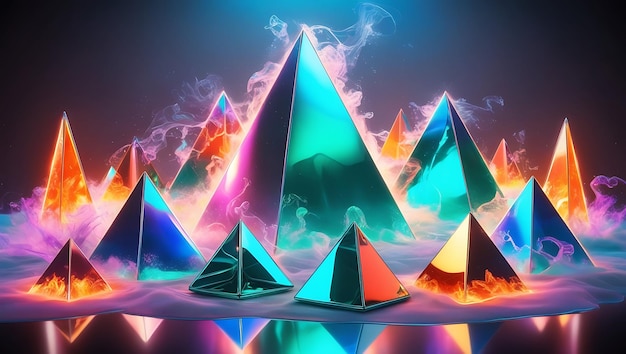 Photo abstract background with pyramids and neon lights