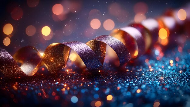 Photo abstract background with shiny ribbon and bokeh lights