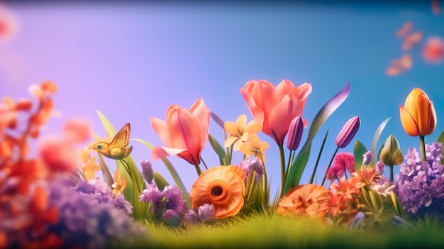 Abstract background with spring meadow with tulips and different flowers flying hummingbird and grass Botanical wallpaper in close up view Horizontal illustration for banner design Generative AI