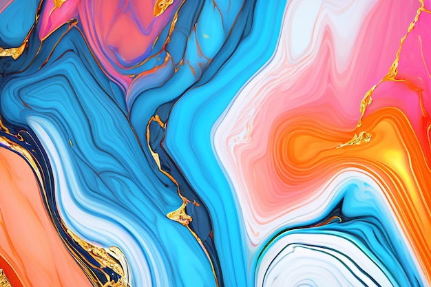 Abstract background with swirling blue pink orange and gold liquid paint