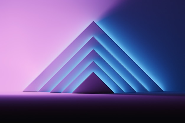 Abstract background with triangular shapes illuminated by blue and pink glowing light over the dark surface. Room space with geometric primitive shapes pyramids. 