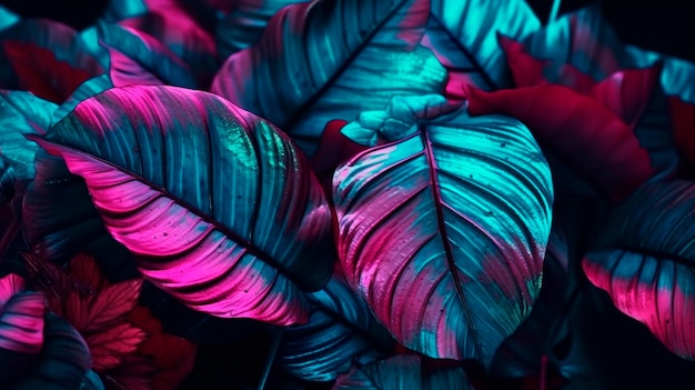 Abstract background with tropical leaves in magenta and azure Generative AI