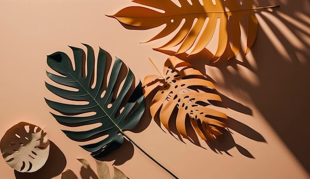 Abstract background with tropical palm leaves shadow on beige wall Creative minimal design with copy space Summer concept flat lay Generate Ai