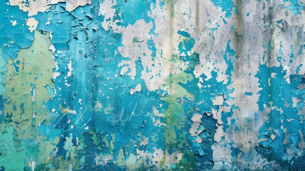 Abstract background with wall textures peeling paint and vibrant bluegreen splashes