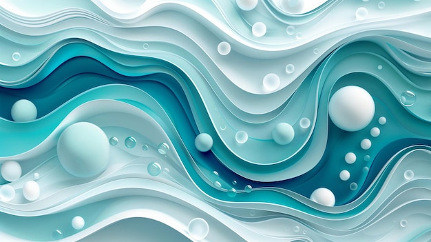 Abstract background with waves and bubbles in shades of blue white and turquoise in the style of paper cut vector illustration 3d rendering Abstract background with waves and balls in shades of