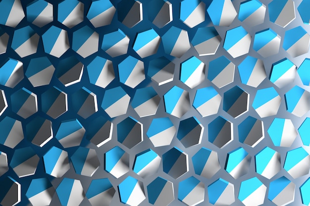 Abstract background with white and blue hexagonal shapes flying in space. Randomly arranged hexagons.  