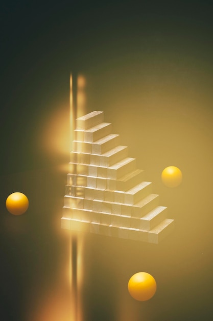 Abstract background with wooden pyramid and balls