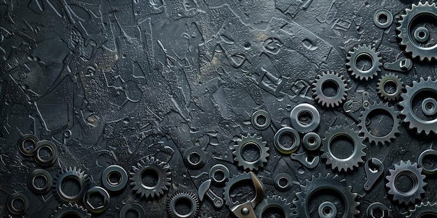 Abstract background with wrenches nuts and bolts and black stone texture rough surface copy space