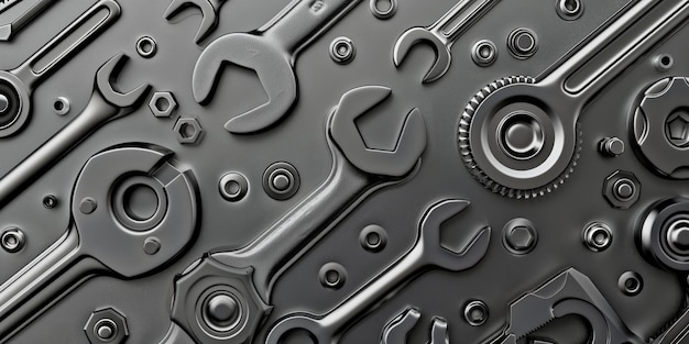 Abstract background with wrenches nuts and bolts gray color smoth surface monochrome