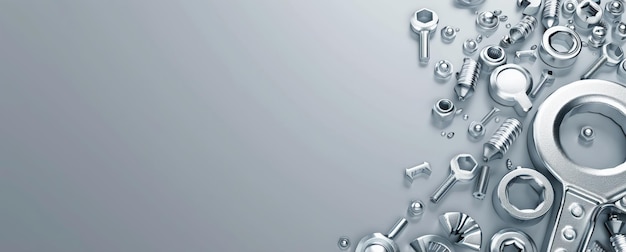 Abstract background with wrenches nuts and bolts and smooth gradient light gray color minimalistic design